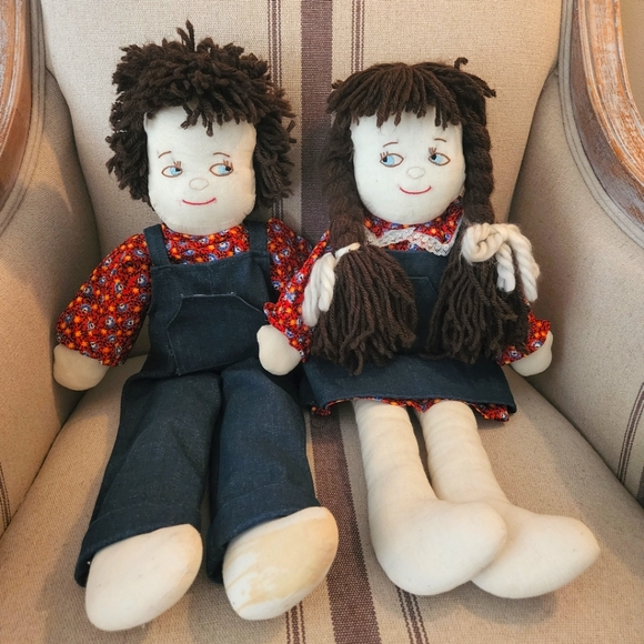 Vintage Country Cloth Rag Dolls Boy And Girl HOME MADE SOME AGE WEAR /OLD 22" - Picture 1 of 11